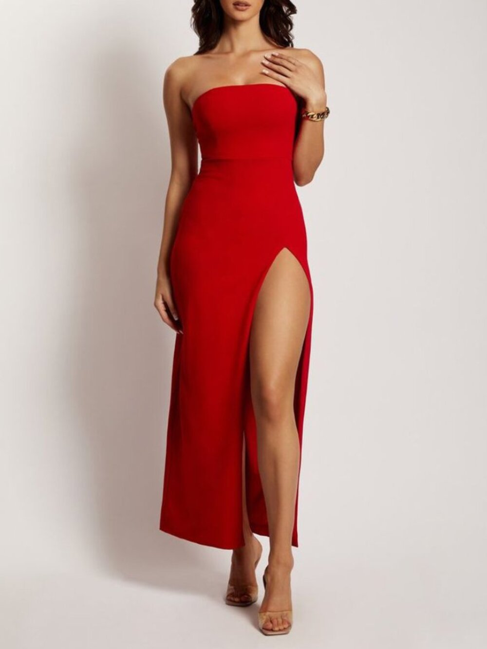 Meshki Rachel High Front Slit Strapless Tube Sexy Glam Maxi Dress Red Small